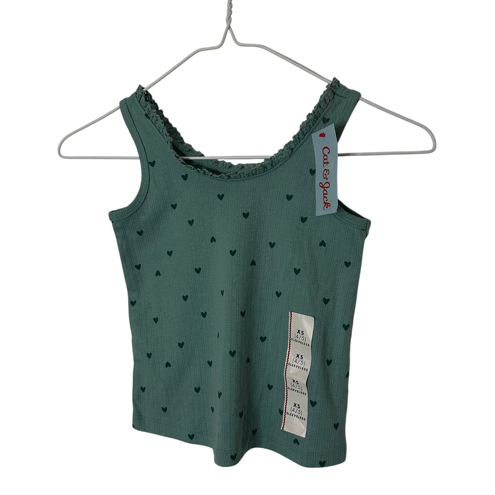 Cat & Jack Girls Ocean Green Heart Pointelle Tank Top Size XS 4/5 NWT
